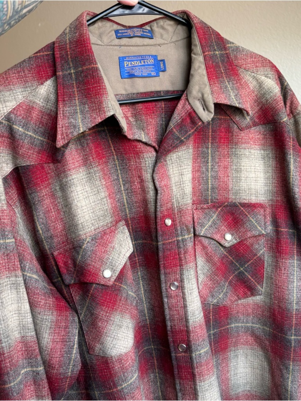 XL Tall Pendleton Red and Gray Plaid Snap-Front Wool Shirt Jacket